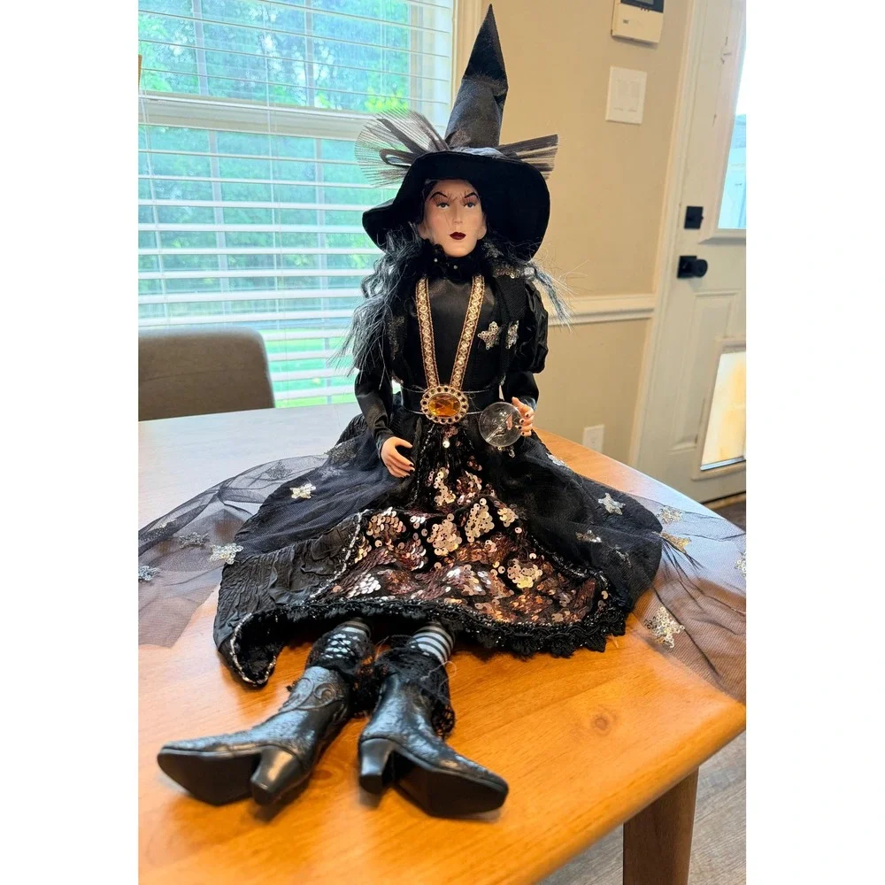 Halloween Sitting Witch Doll Sequined Gown‎ Crystal Ball Decor Black Copper 24